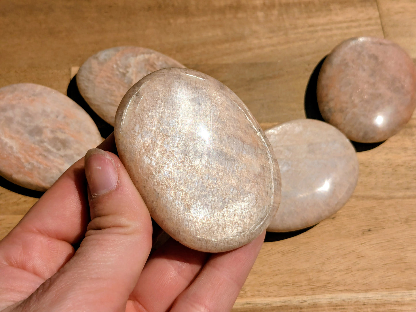 Flashy Peach Moonstone Palm Stones